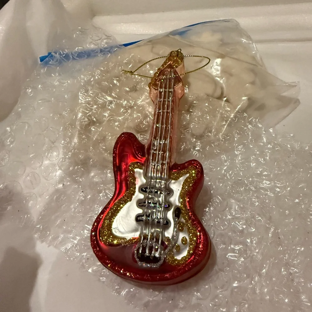 New Vintage West Elm Glitter and Glass Guitar Ornament, -6”,